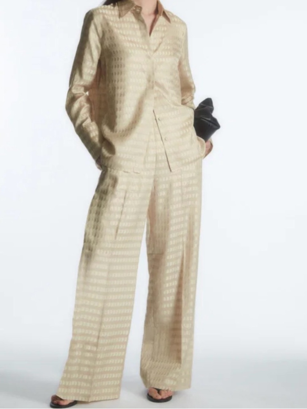 COS Cream Geometric Jacquard Satin Trousers and Shirt Set | EU 34/ US 4